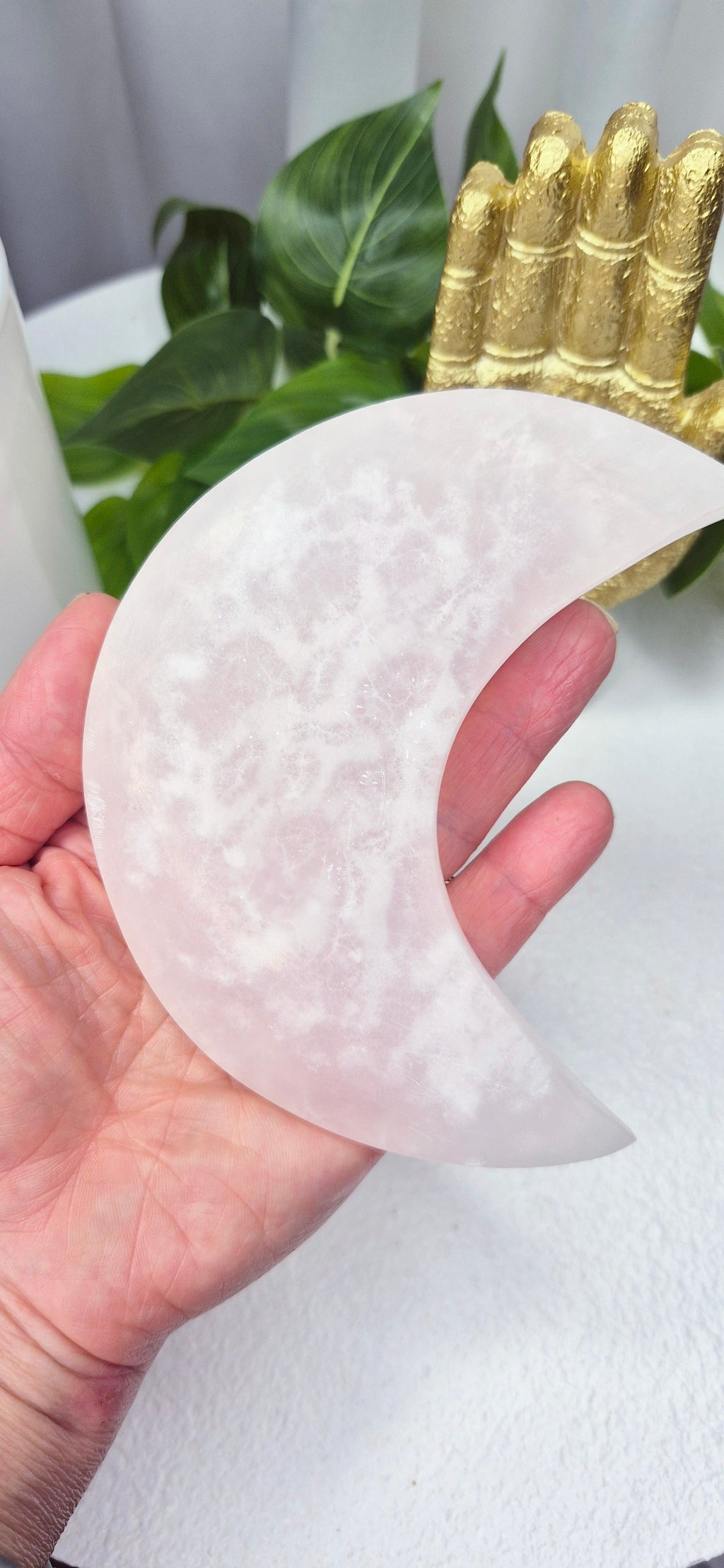 Pink Mangano Moon Carving on Stand