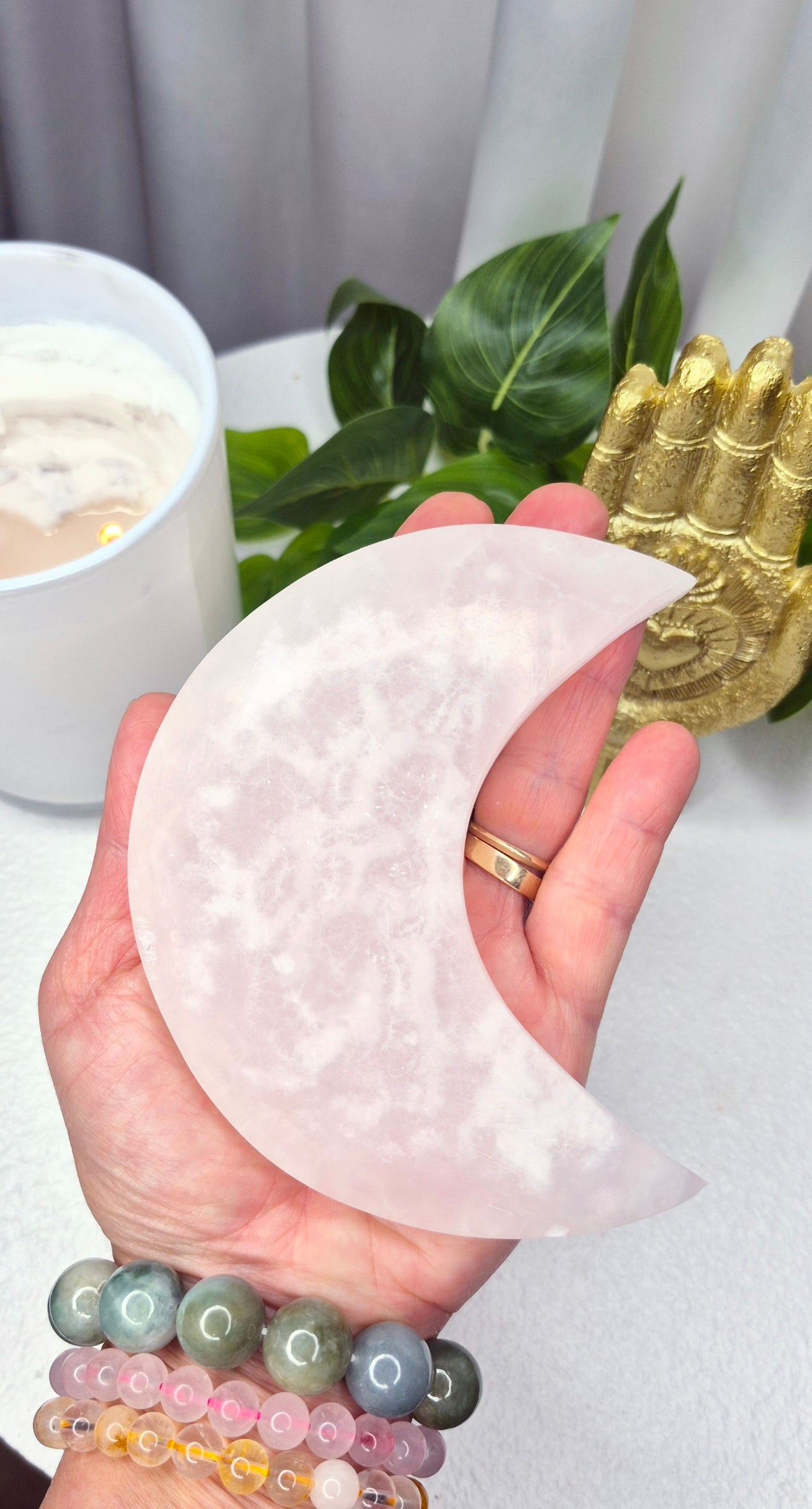 Pink Mangano Moon Carving on Stand