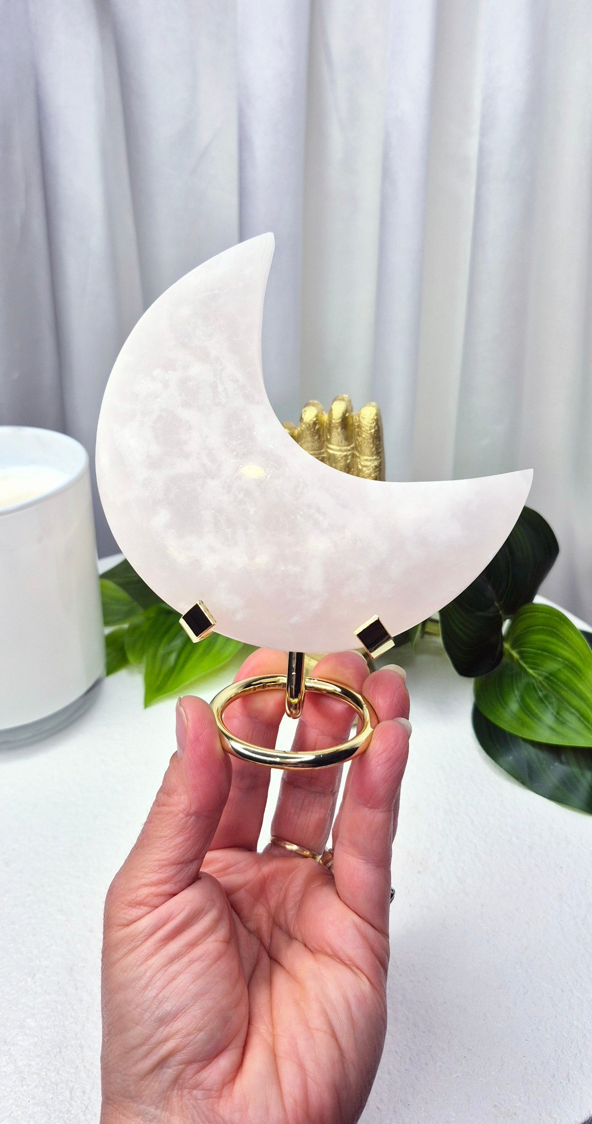 Pink Mangano Moon Carving on Stand