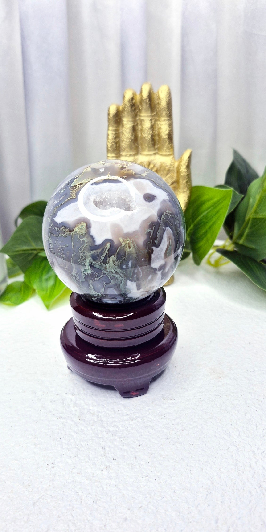 Premium Grade Druzy Moss Agate Sphere on Stand