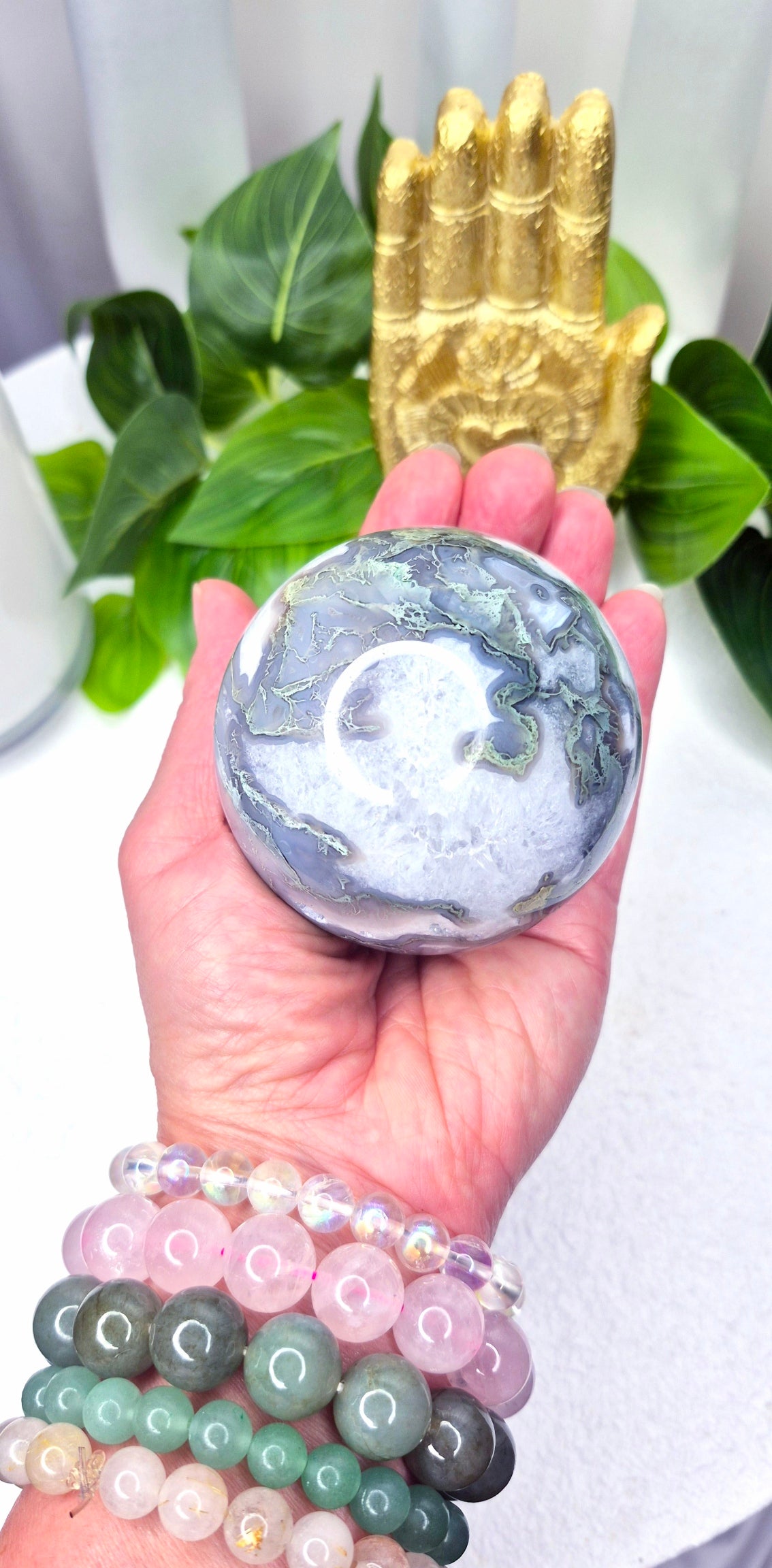 Premium Grade Druzy Moss Agate Sphere on Stand