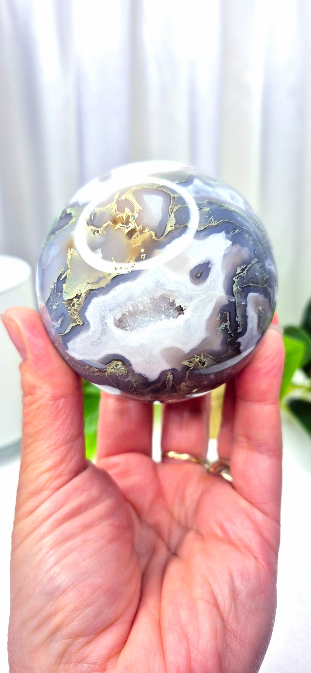 Premium Grade Druzy Moss Agate Sphere on Stand