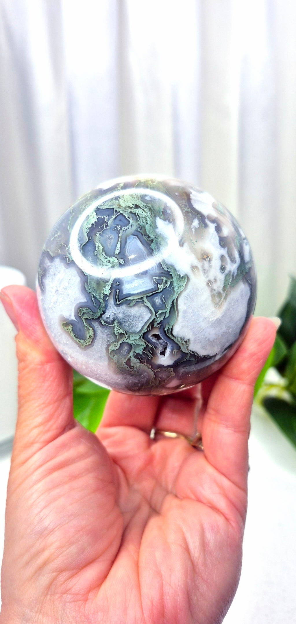 Premium Grade Druzy Moss Agate Sphere on Stand