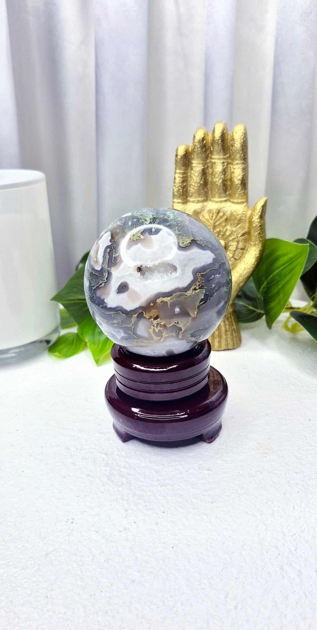 Premium Grade Druzy Moss Agate Sphere on Stand