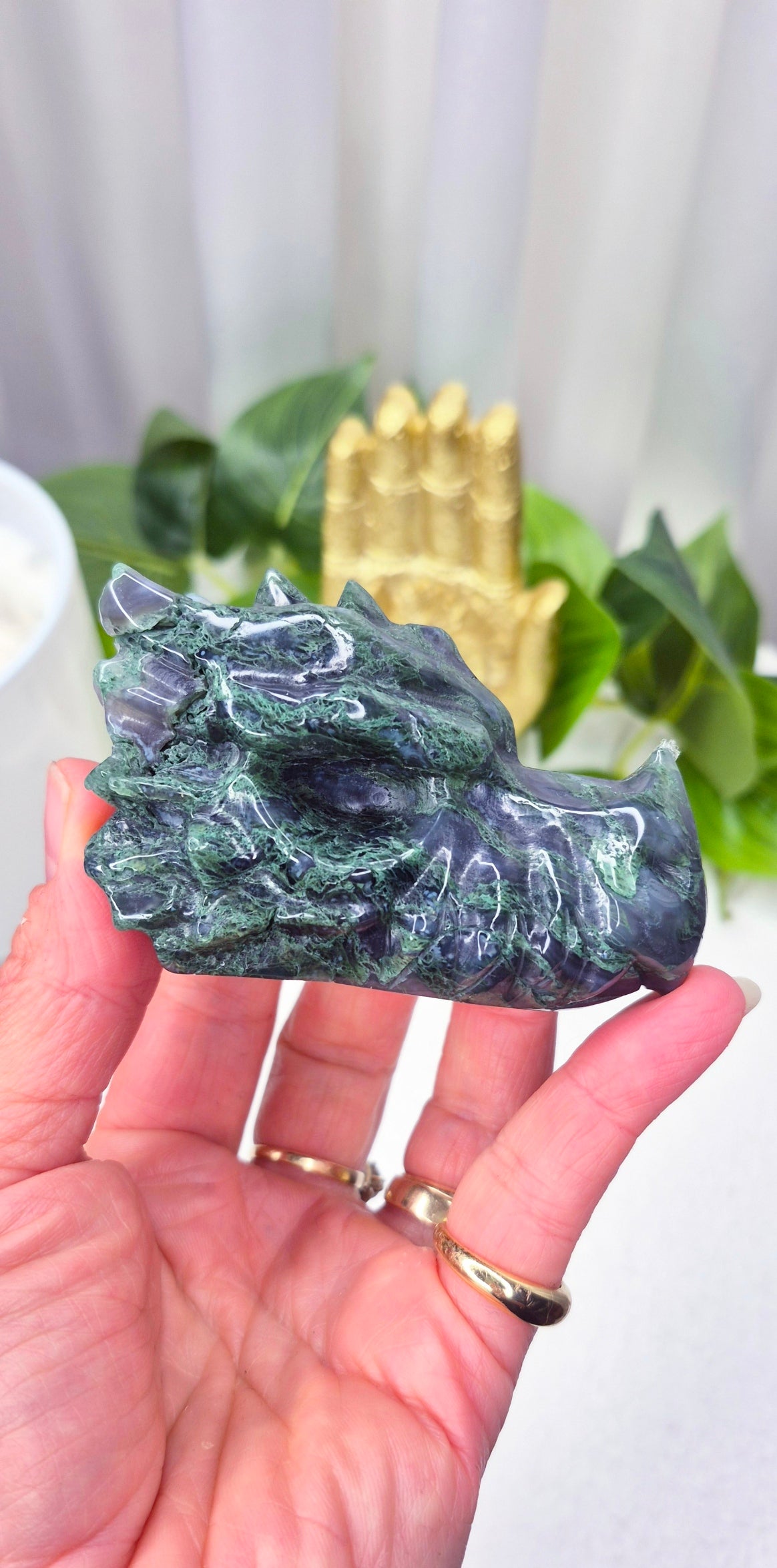 Moss Agate Dragon Heaad Carving