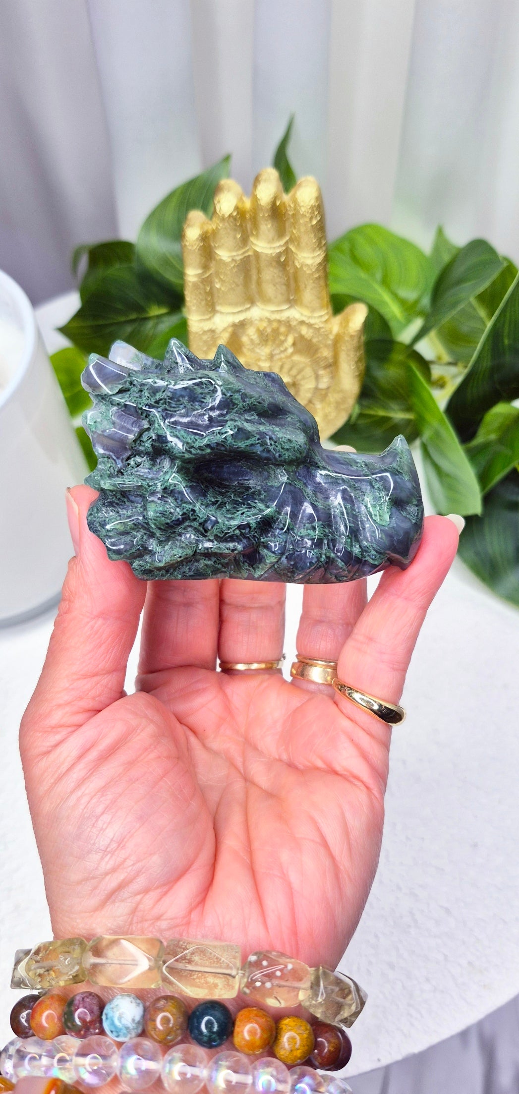 Moss Agate Dragon Heaad Carving