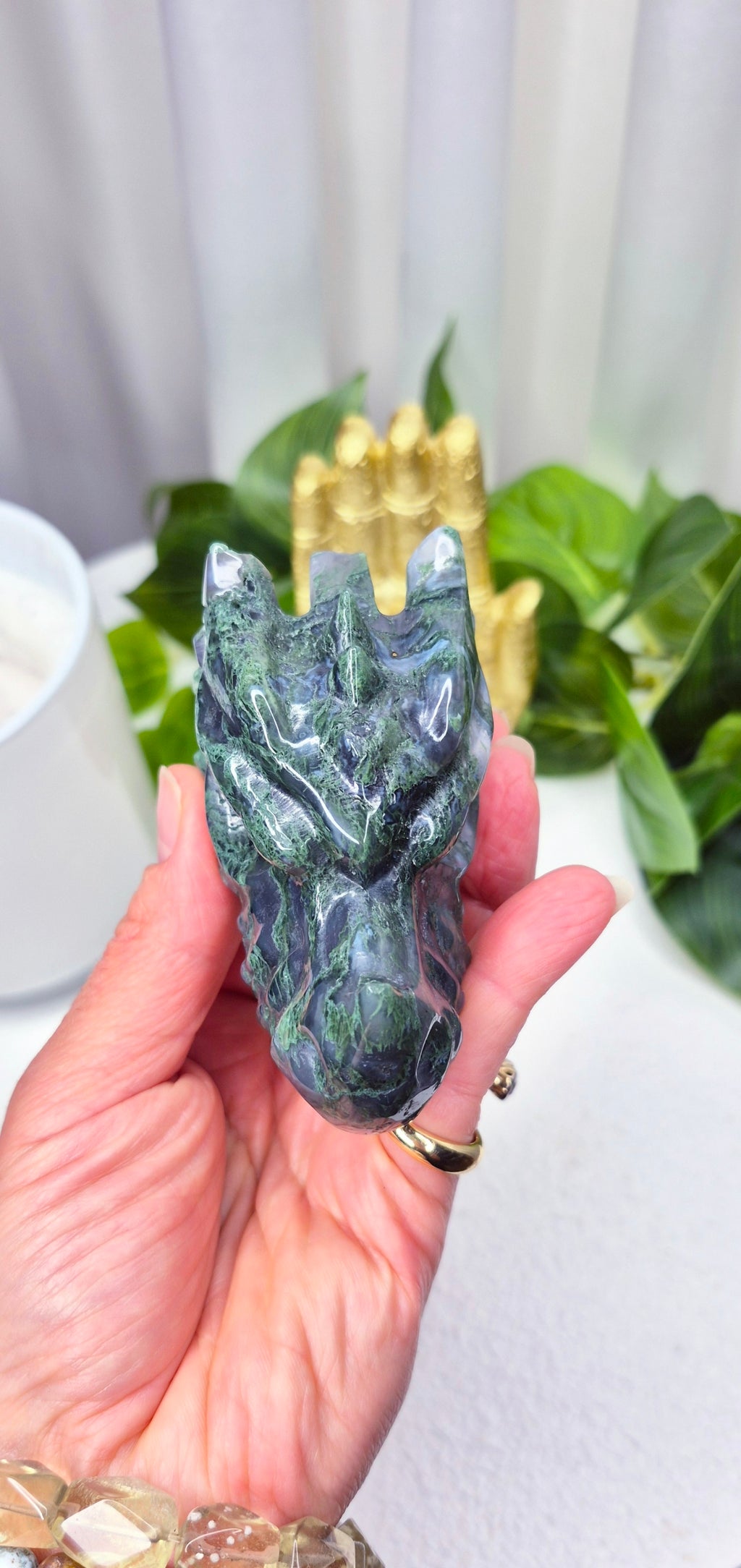Moss Agate Dragon Heaad Carving