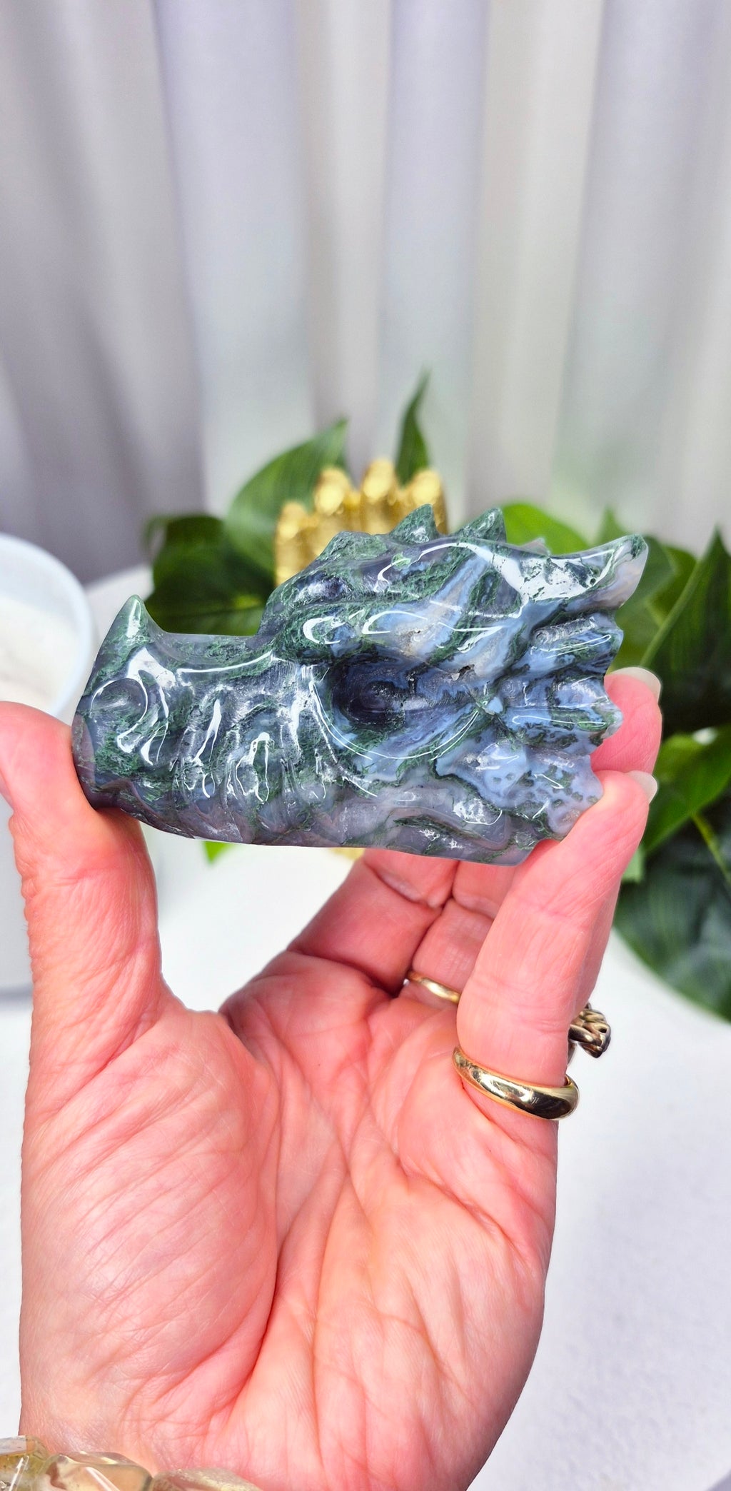 Moss Agate Dragon Heaad Carving