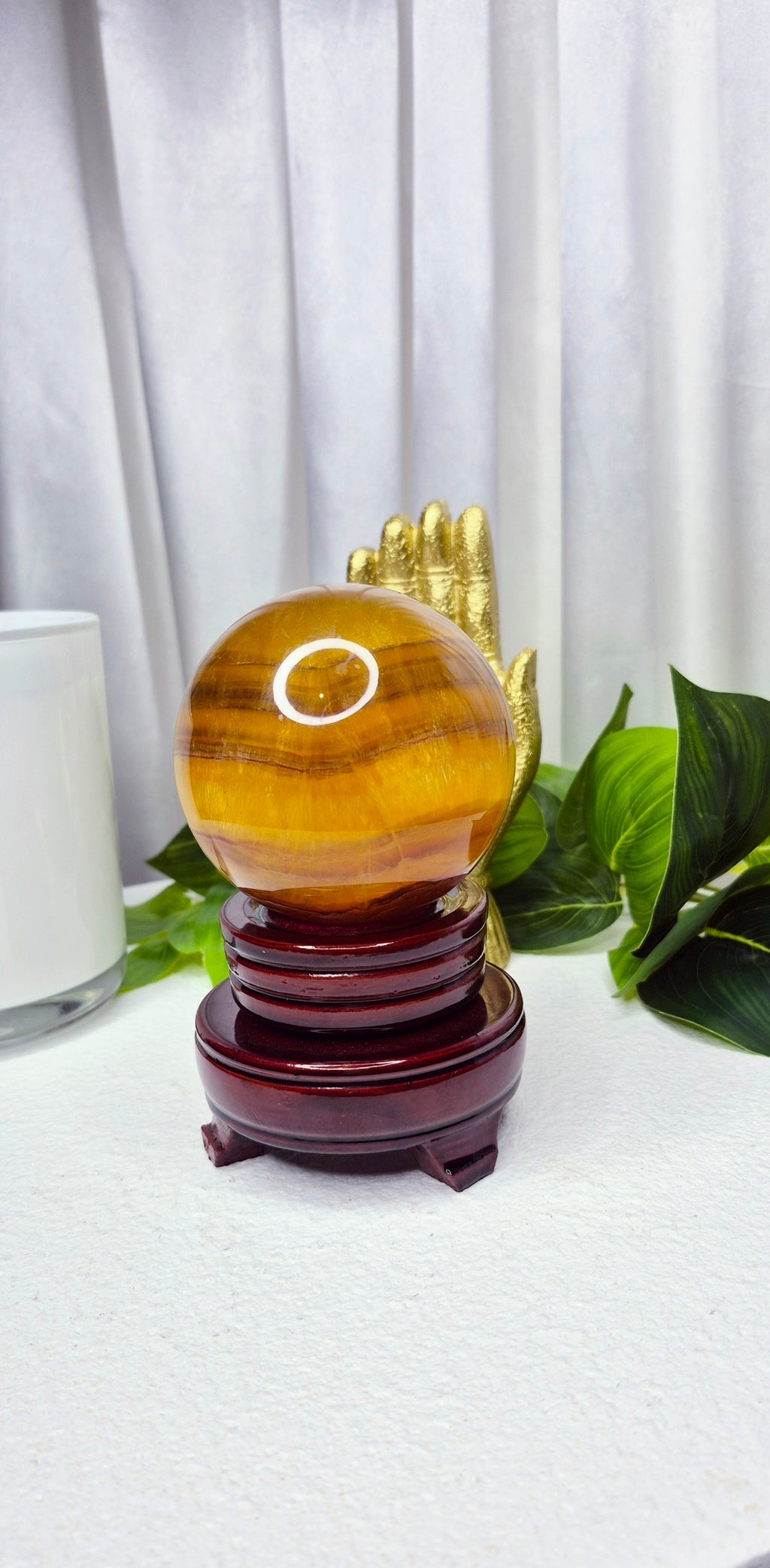 Yellow Fluorite Statement Sphere (rare) on Wooden Stand