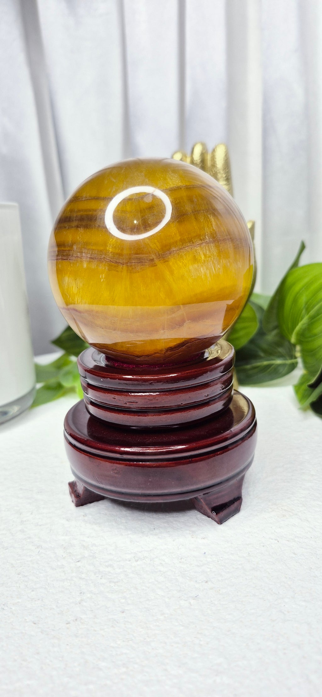 Yellow Fluorite Statement Sphere (rare) on Wooden Stand