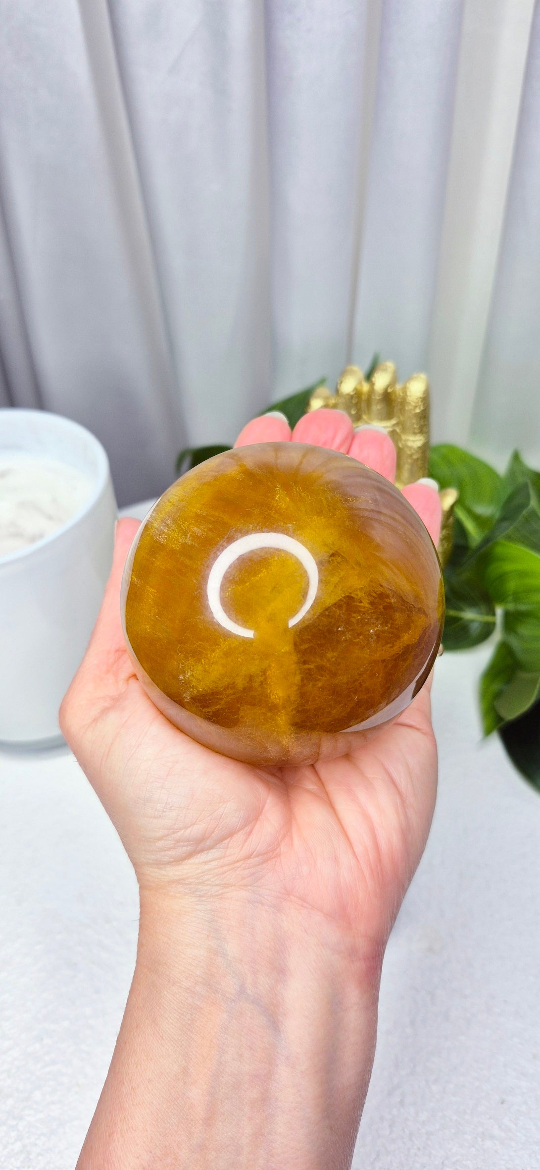 Yellow Fluorite Statement Sphere (rare) on Wooden Stand