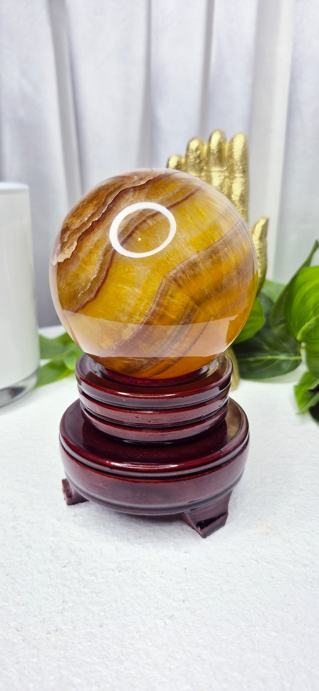 Yellow Fluorite Statement Sphere (rare) on Wooden Stand