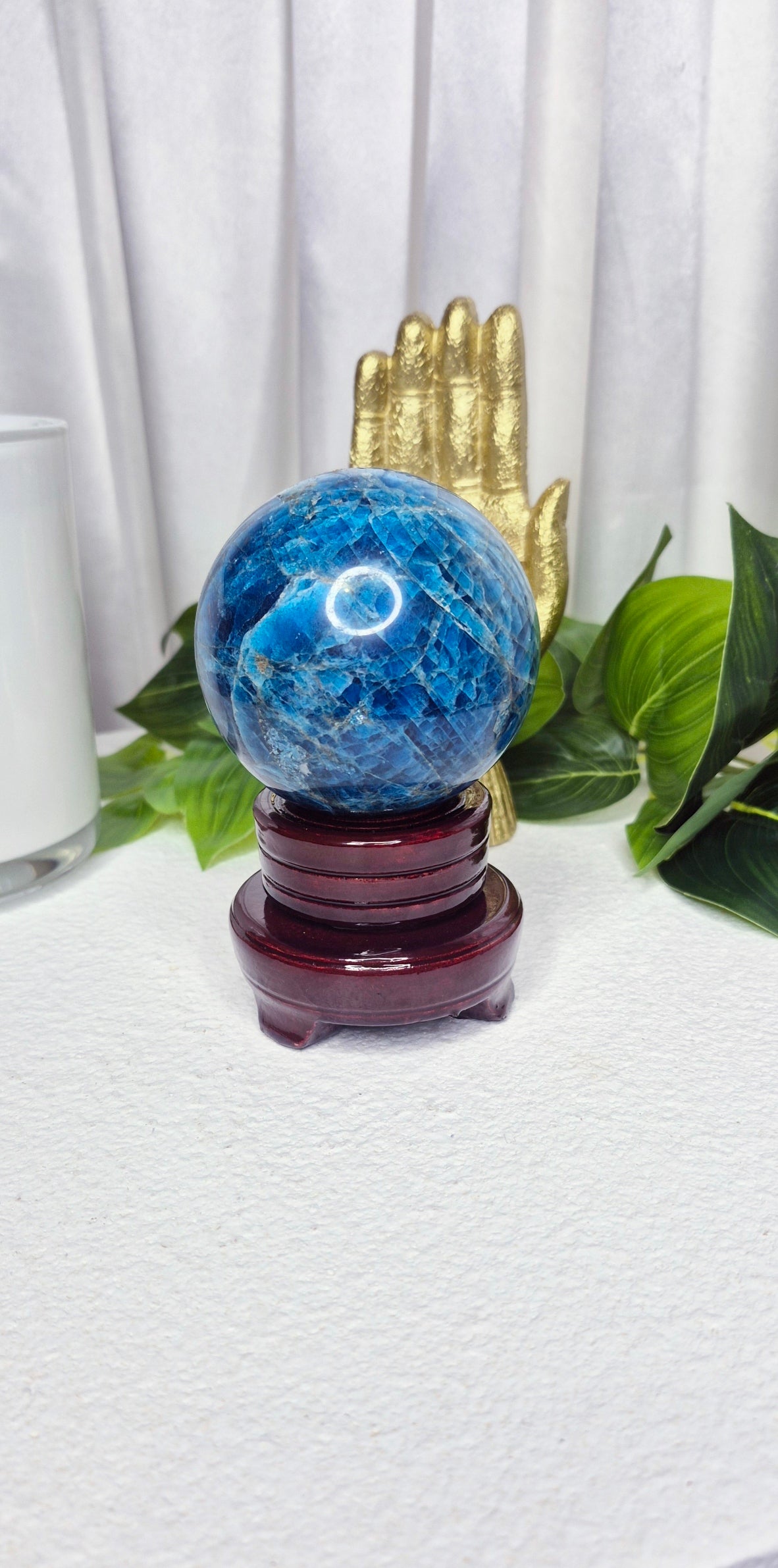 Premium Grade Blue Apatite Sphere on Wooden Stand