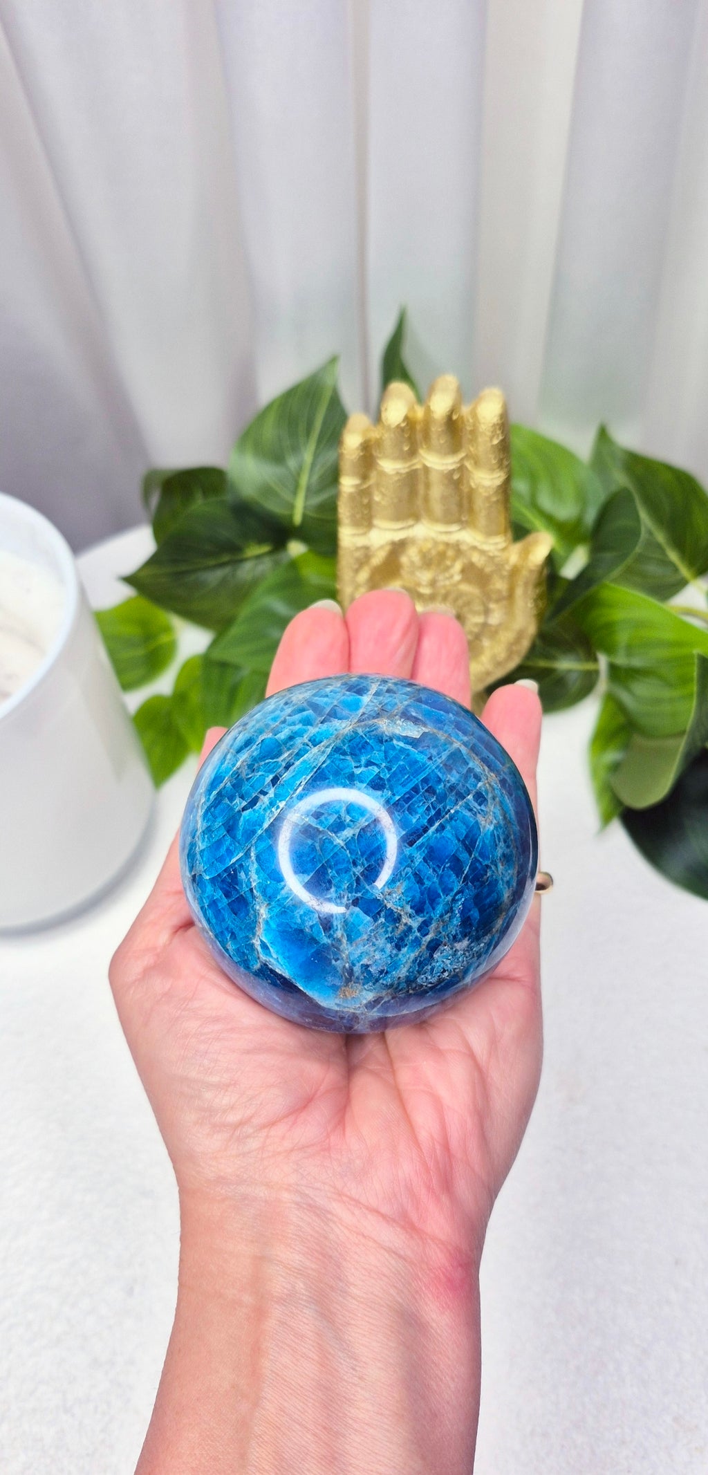 Premium Grade Blue Apatite Sphere on Wooden Stand