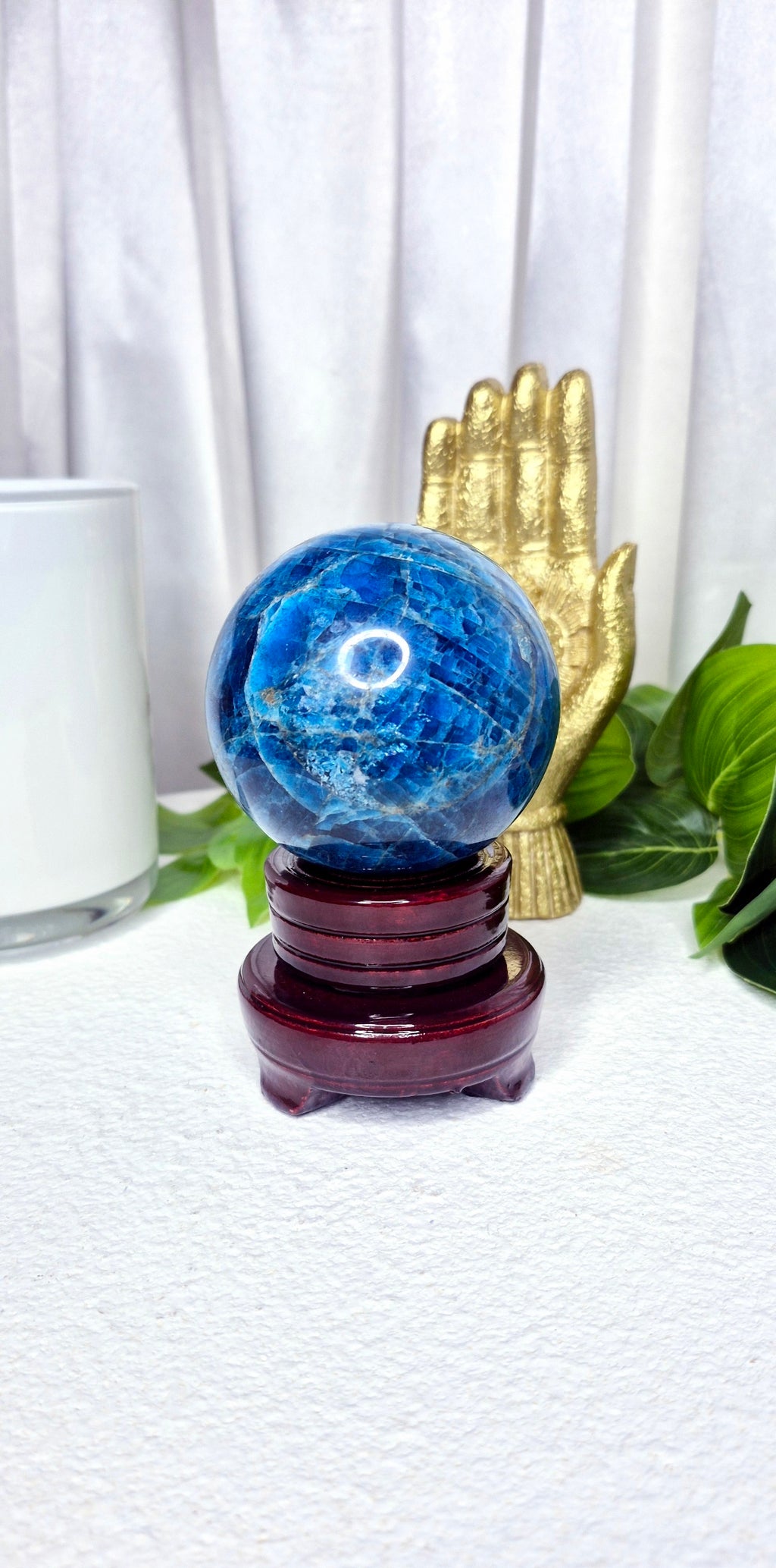 Premium Grade Blue Apatite Sphere on Wooden Stand