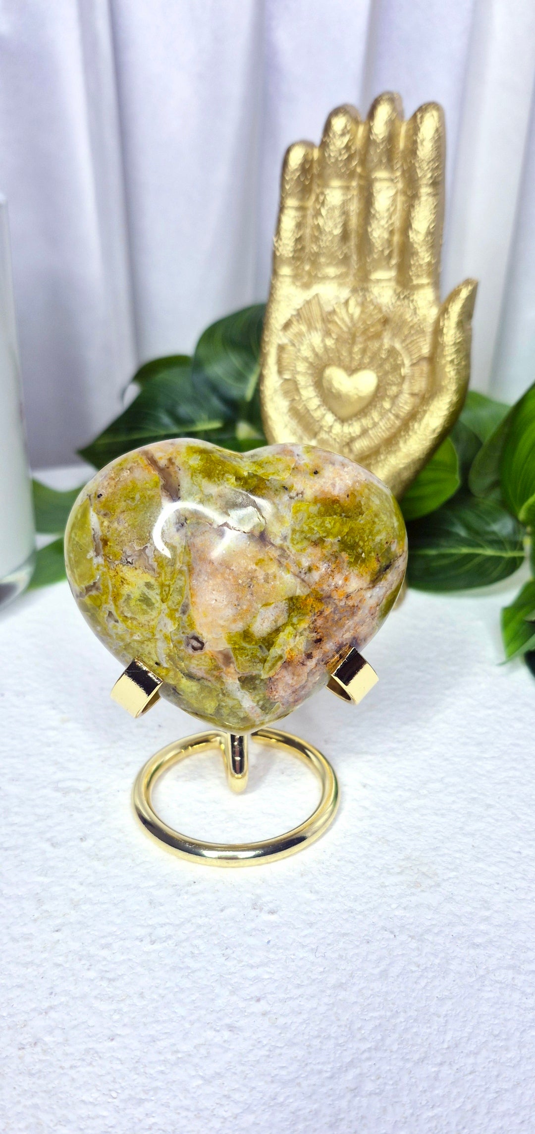 Madagascan Green Opal Heart Carving on Stand #A