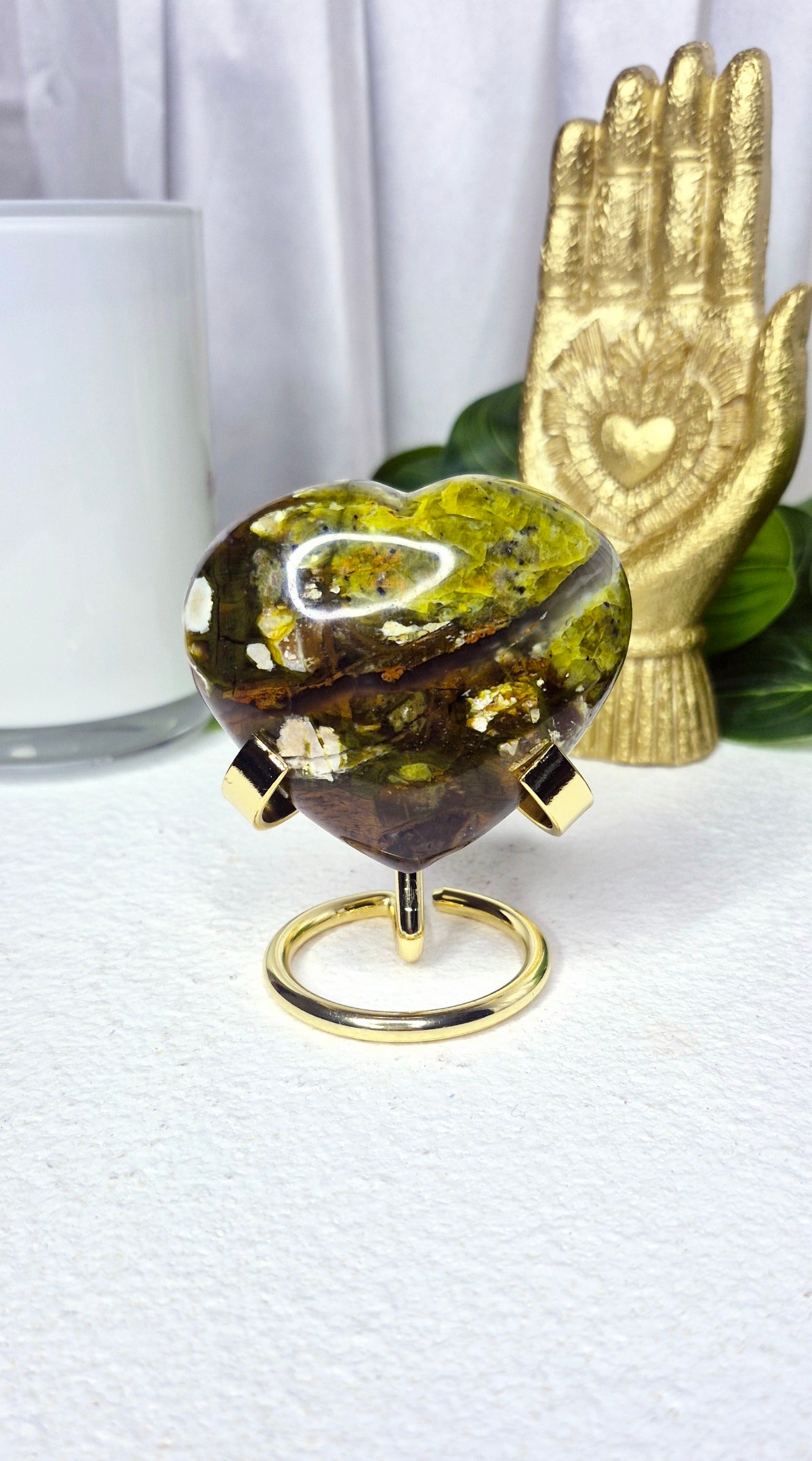 Madagascan Green Opal Heart Carving on Stand #B