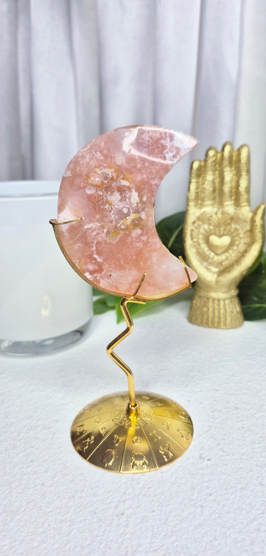 Sugar Druzy Flower Agate Moon Carving on Stand