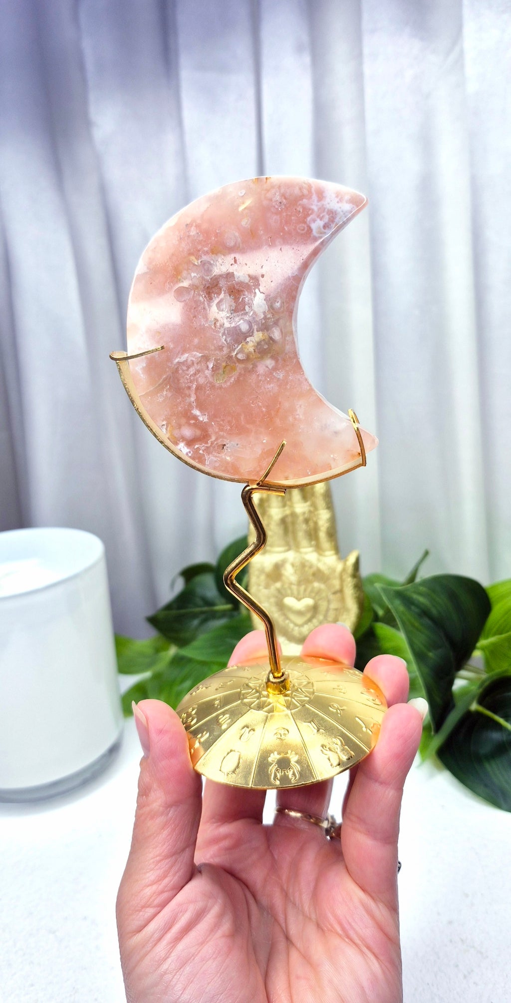 Sugar Druzy Flower Agate Moon Carving on Stand