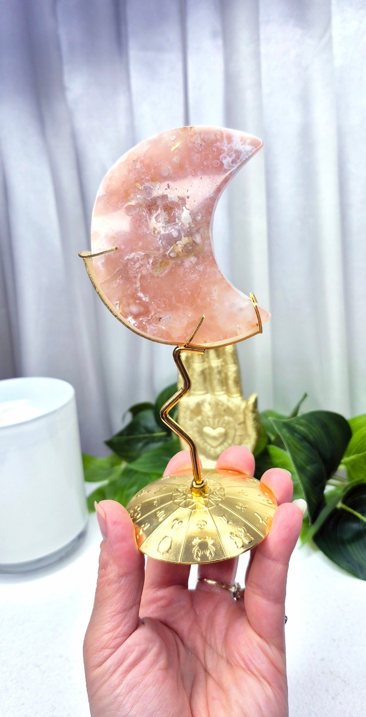 Sugar Druzy Flower Agate Moon Carving on Stand