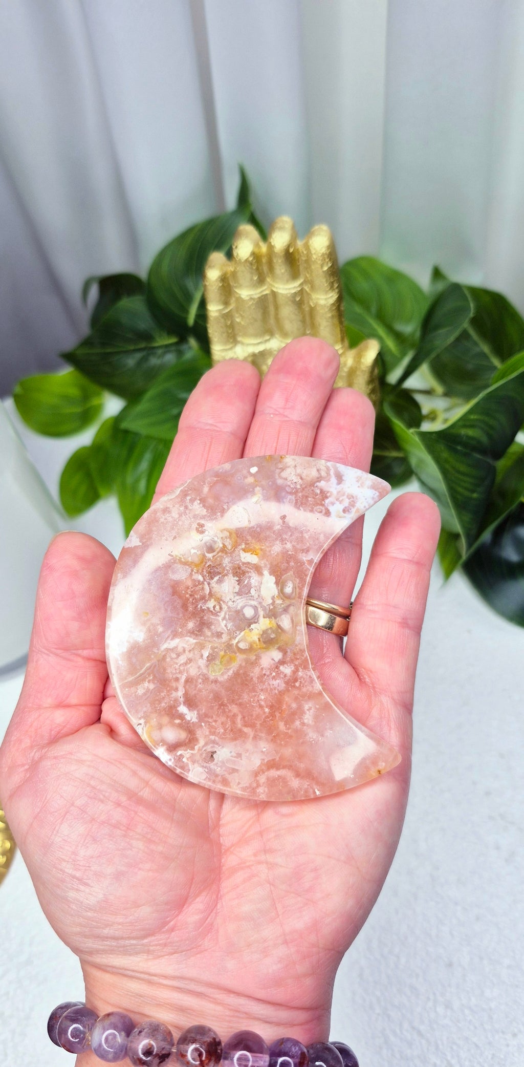 Sugar Druzy Flower Agate Moon Carving on Stand
