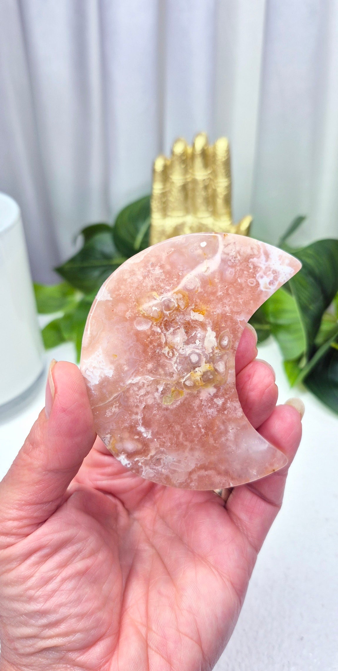 Sugar Druzy Flower Agate Moon Carving on Stand