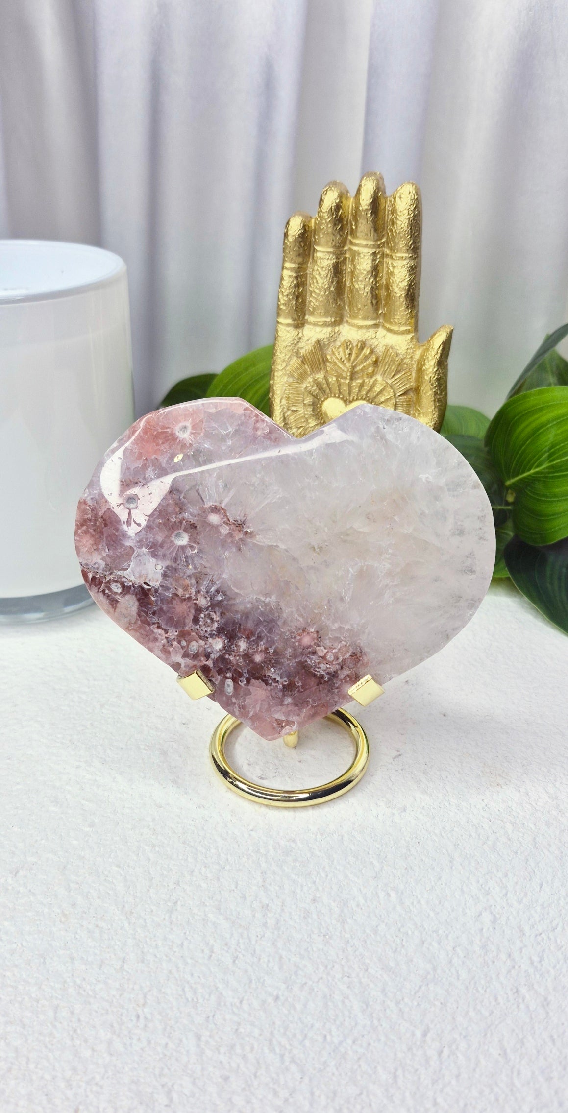 Pink Amethyst/Flower Agate Heart Carving on Stand