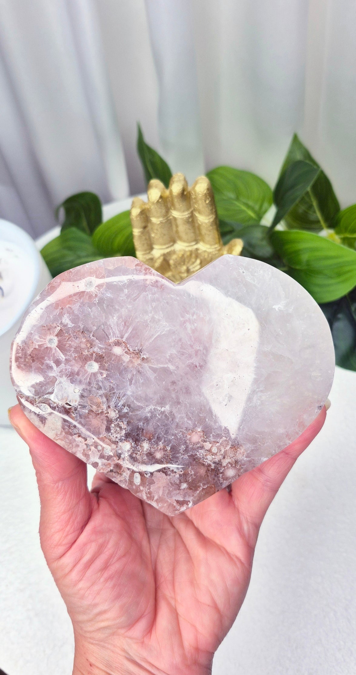 Pink Amethyst/Flower Agate Heart Carving on Stand