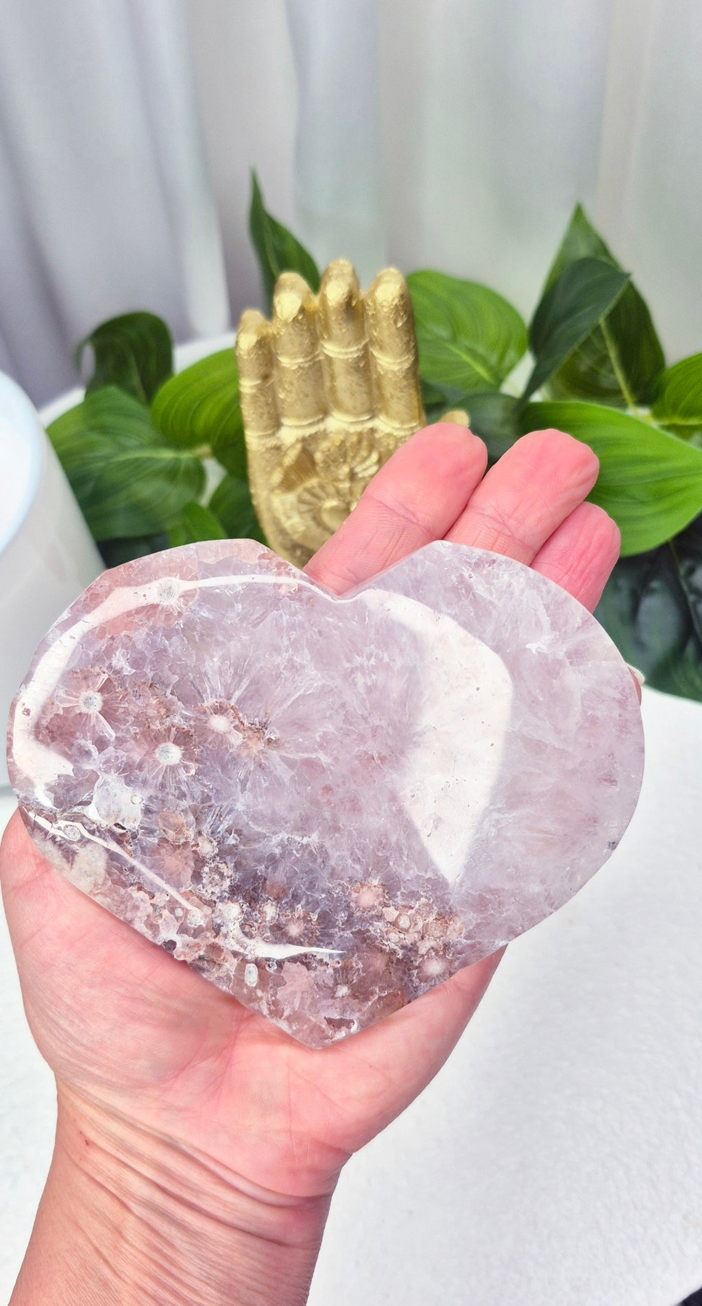Pink Amethyst/Flower Agate Heart Carving on Stand