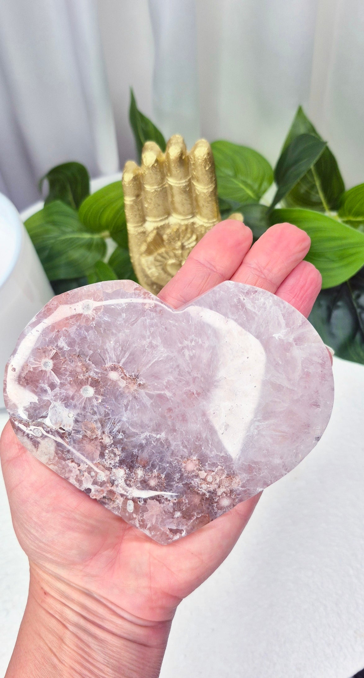 Pink Amethyst/Flower Agate Heart Carving on Stand