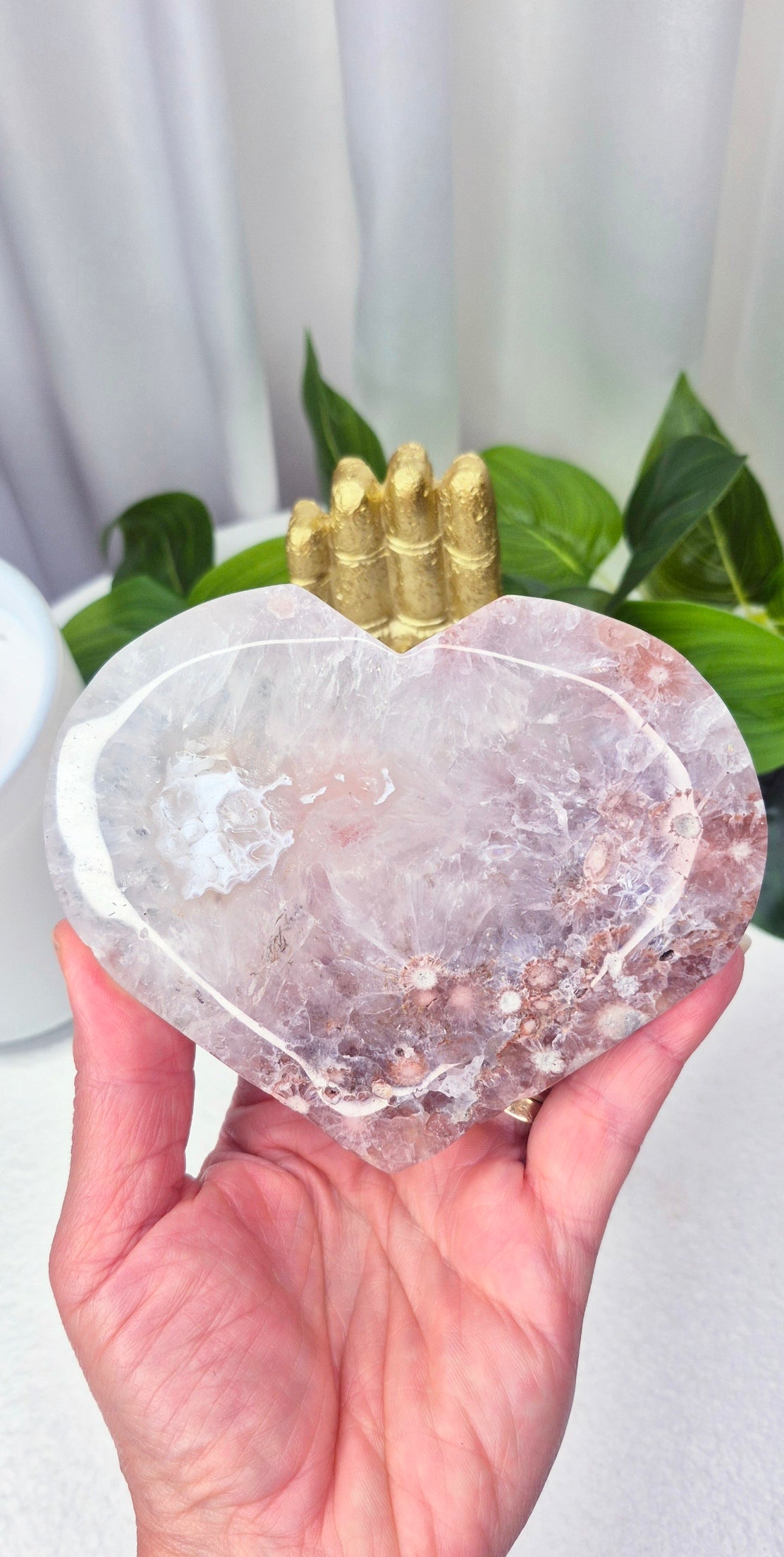 Pink Amethyst/Flower Agate Heart Carving on Stand