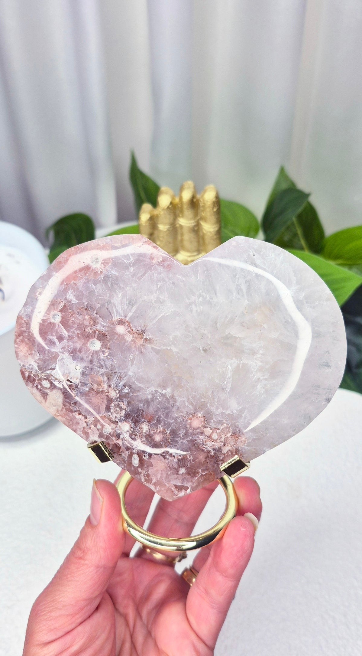Pink Amethyst/Flower Agate Heart Carving on Stand