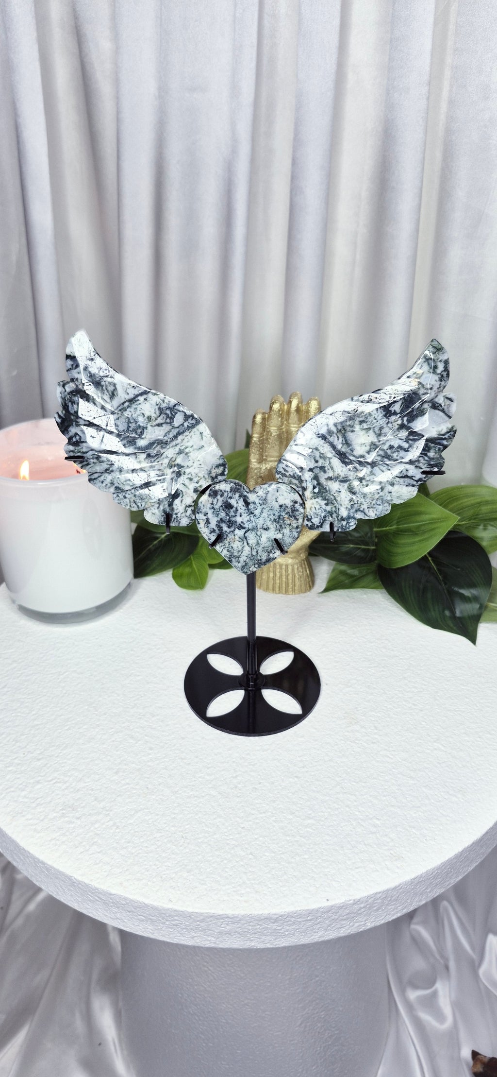 Moss Agate Statement Wings Carving on Stand