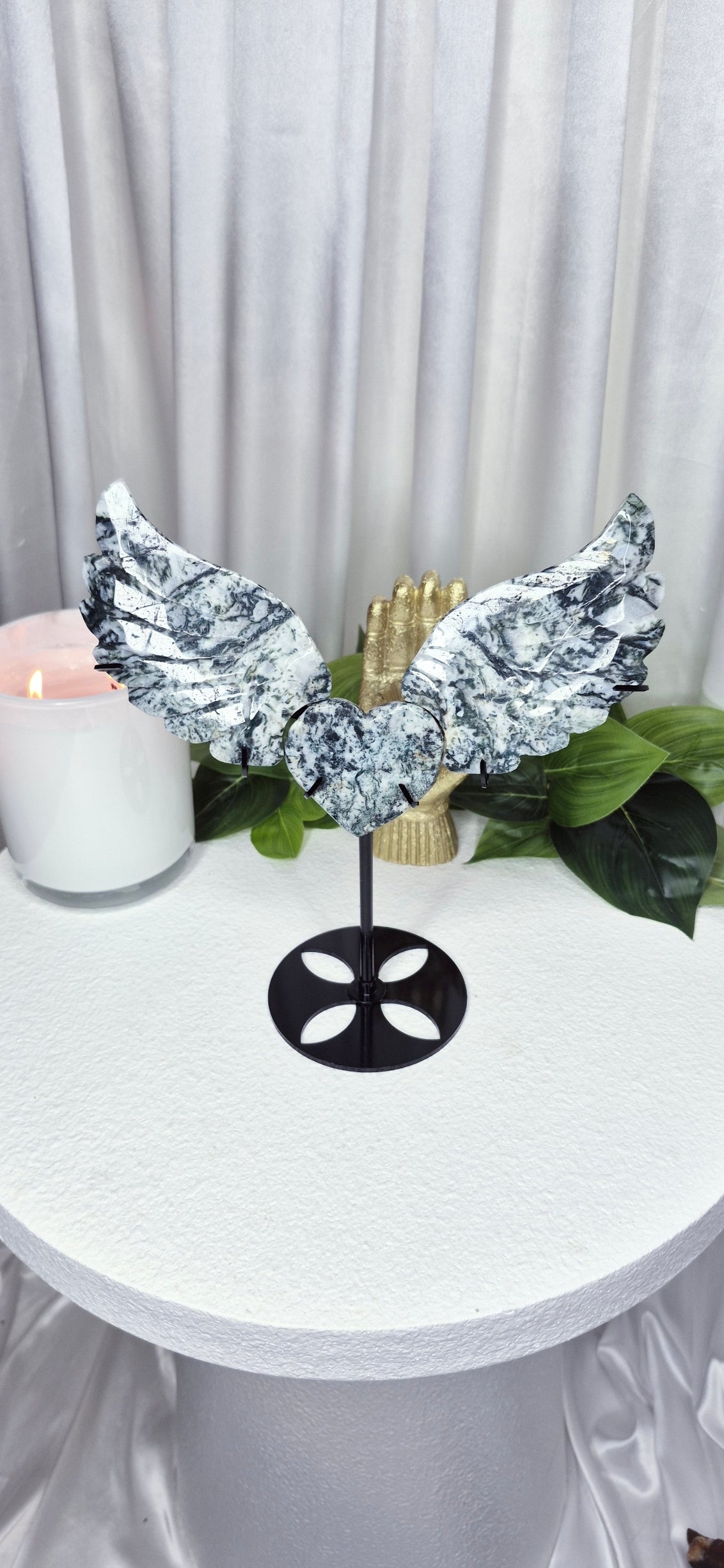 Moss Agate Statement Wings Carving on Stand