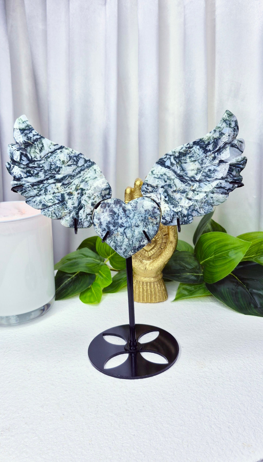 Moss Agate Statement Wings Carving on Stand