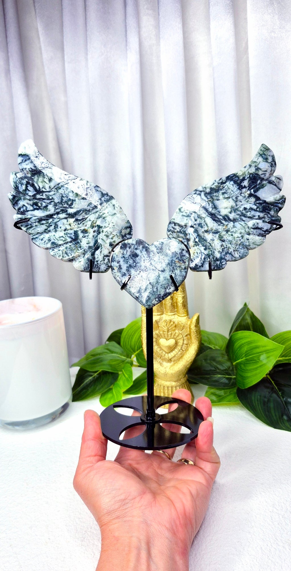 Moss Agate Statement Wings Carving on Stand