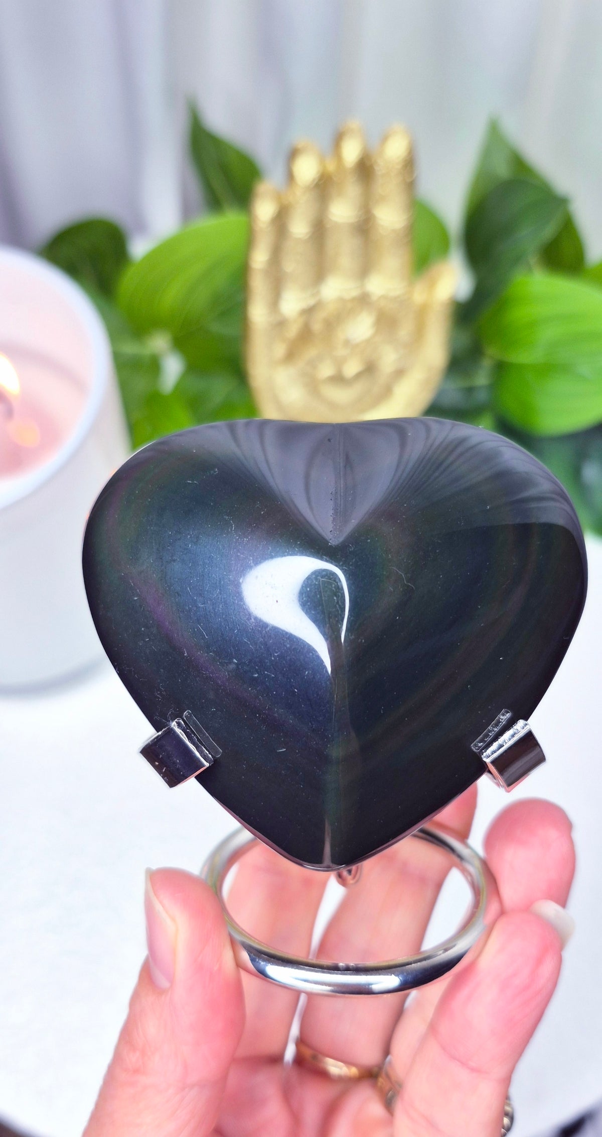 Rainbow Obsidian Heart Carving on Stand