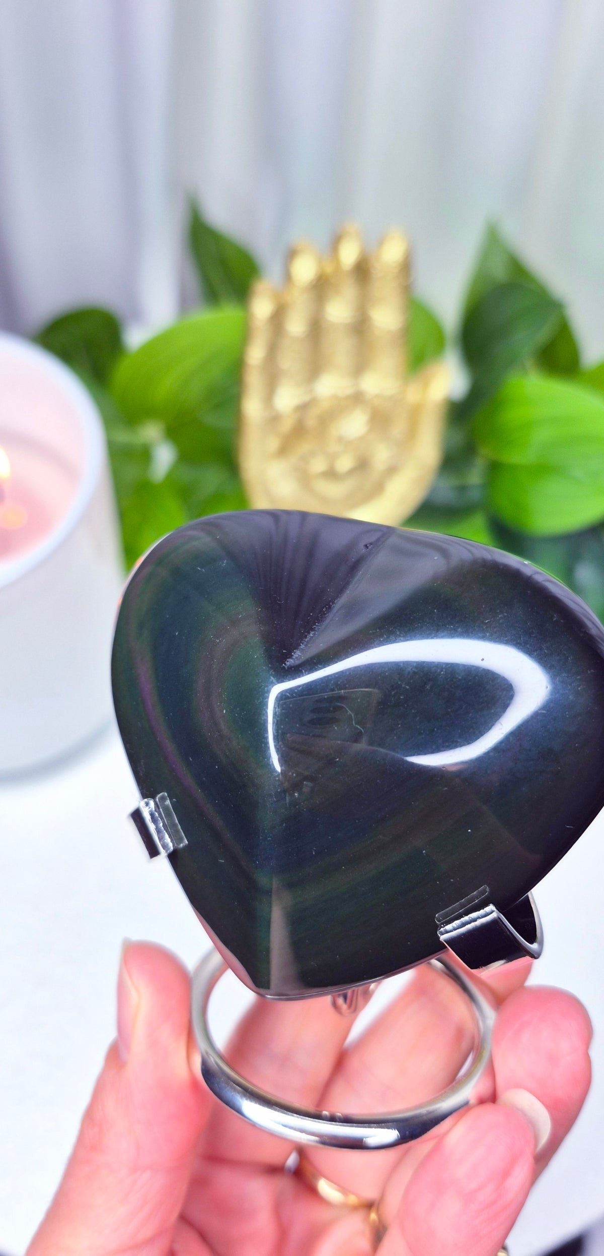 Rainbow Obsidian Heart Carving on Stand