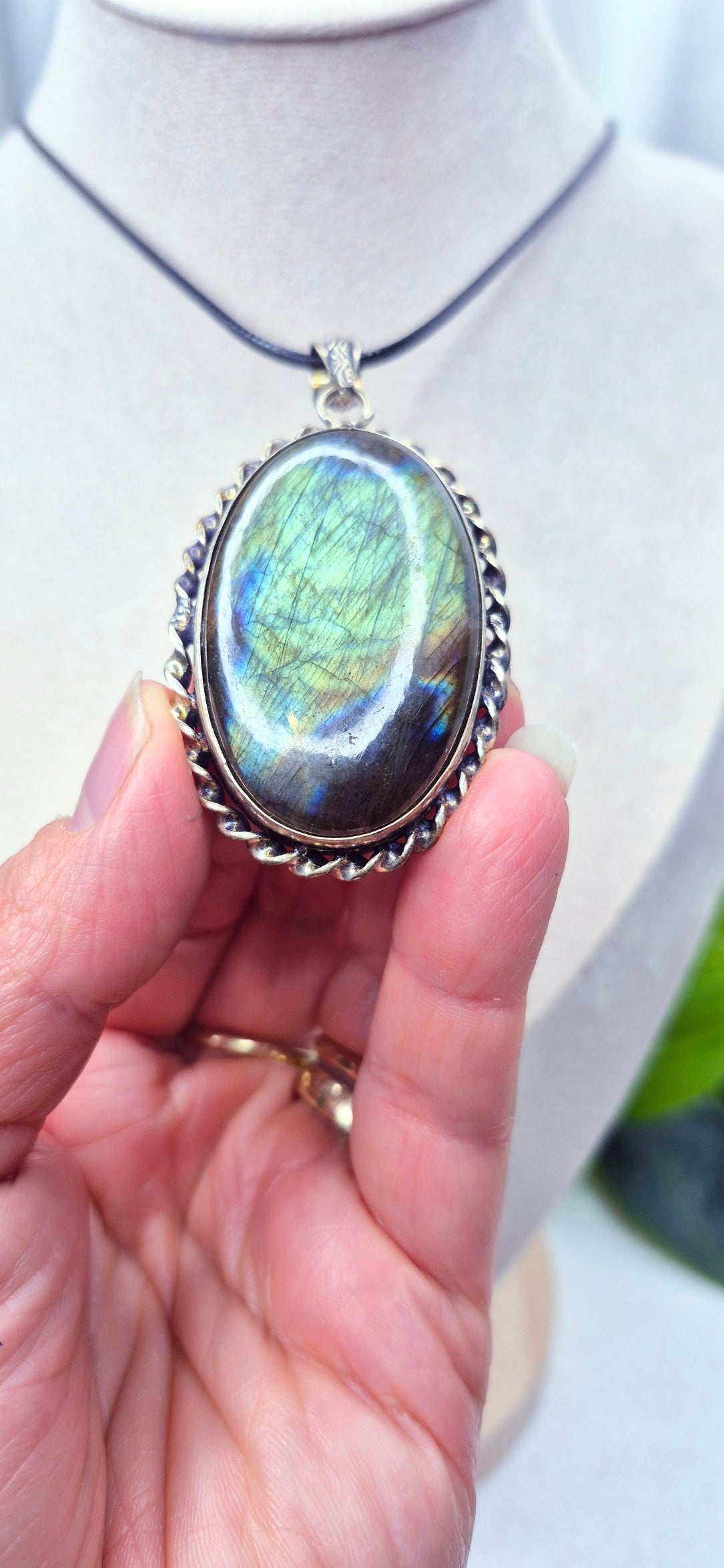 Labradorite Cabochon Crystal Pendant Set in German Silver