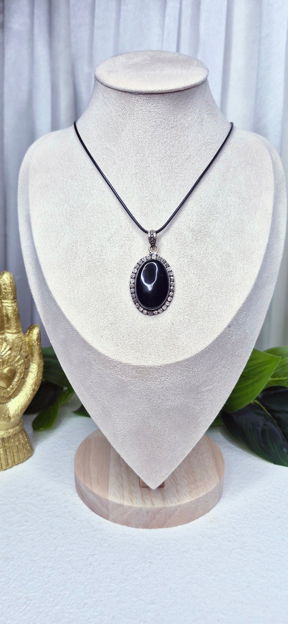 Black Obsidian Cabochon Crystal Pendant set in German Silver