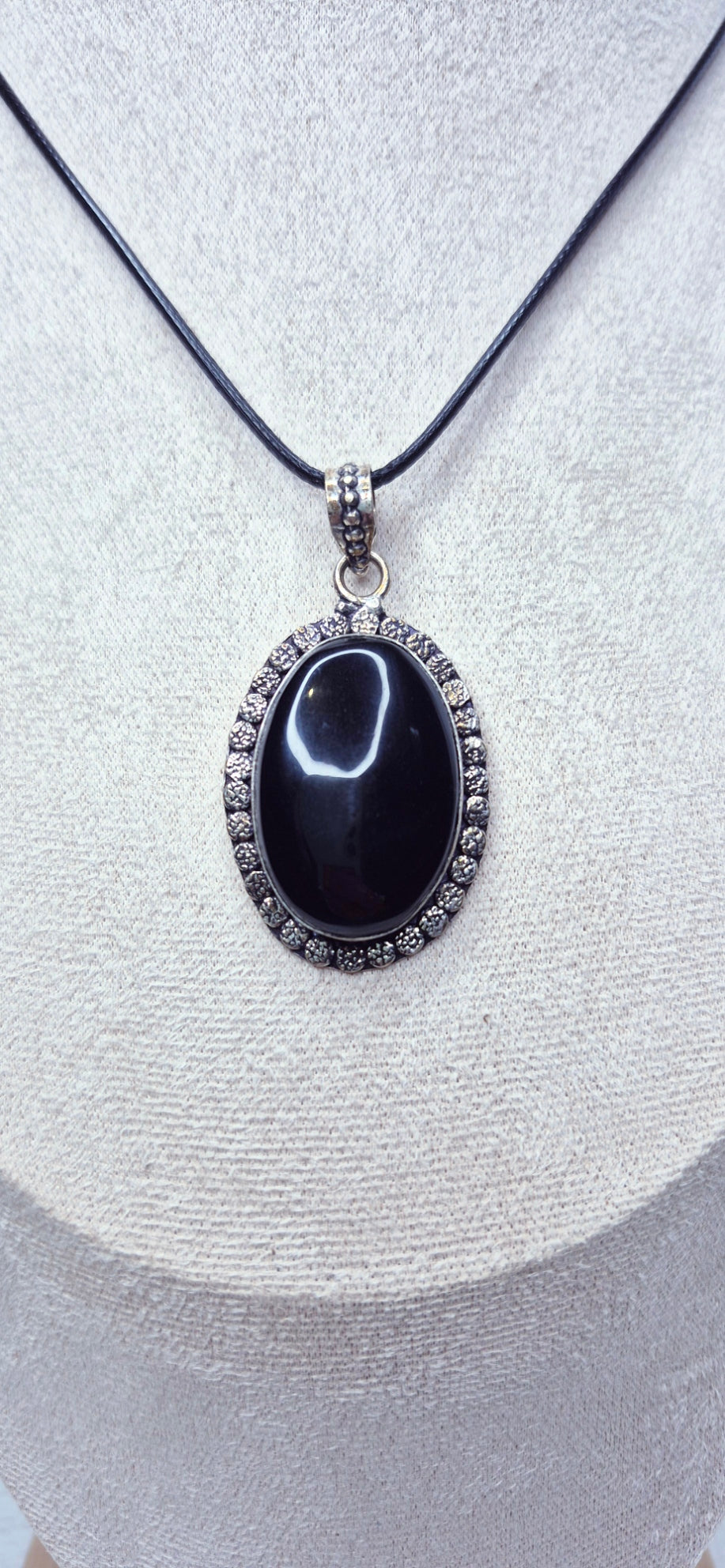 Black Obsidian Cabochon Crystal Pendant set in German Silver