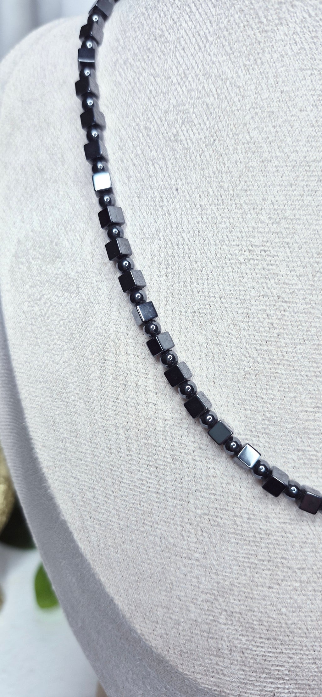 Hematite Cube/Round Beaded Necklace