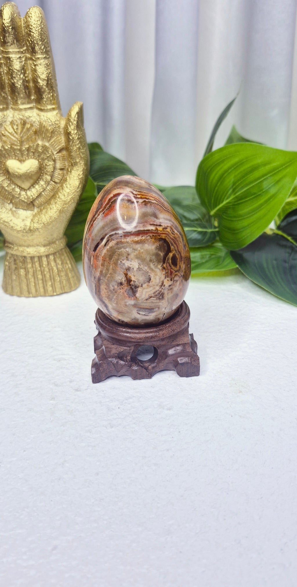 Mexican Crazy Lace Agate Carving on Rustic Wooden Stand