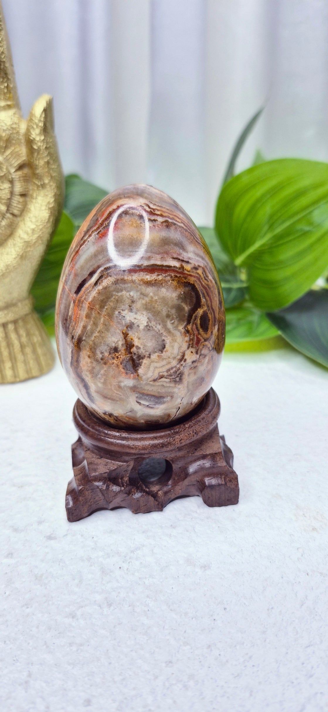 Mexican Crazy Lace Agate Carving on Rustic Wooden Stand
