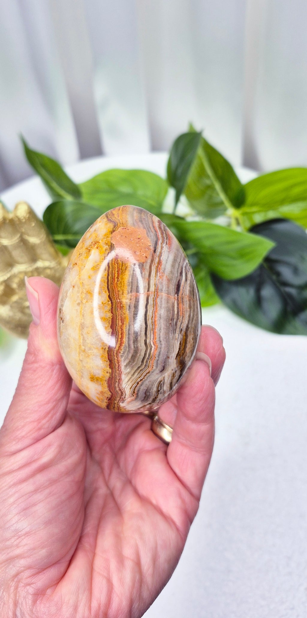 Mexican Crazy Lace Agate Carving on Rustic Wooden Stand