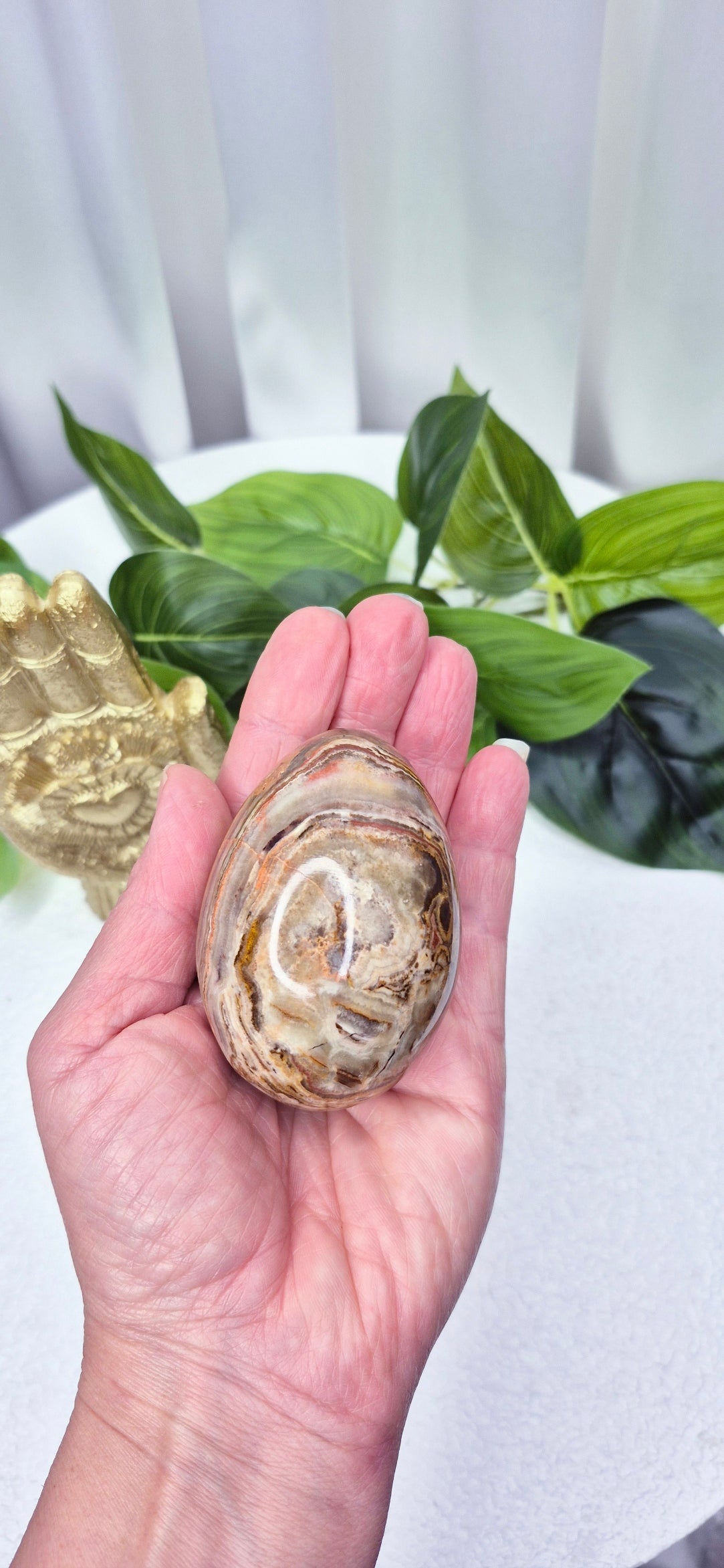 Mexican Crazy Lace Agate Carving on Rustic Wooden Stand