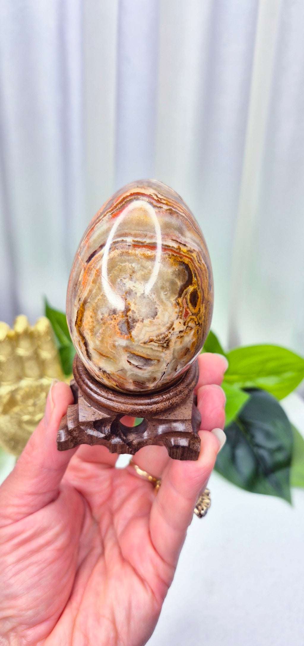 Mexican Crazy Lace Agate Carving on Rustic Wooden Stand
