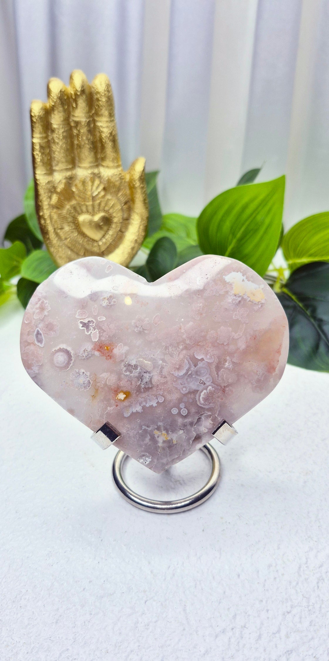 Pink Amethyst x Flower Agate Heart Carving on Stand #B