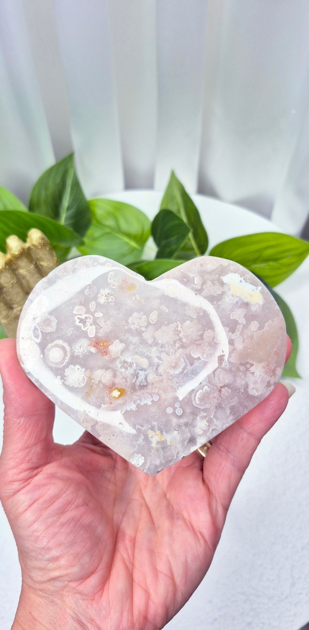 Pink Amethyst x Flower Agate Heart Carving on Stand #B