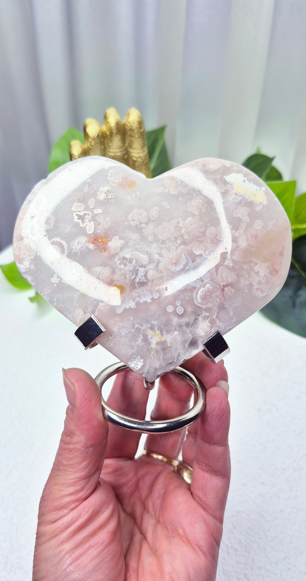 Pink Amethyst x Flower Agate Heart Carving on Stand #B